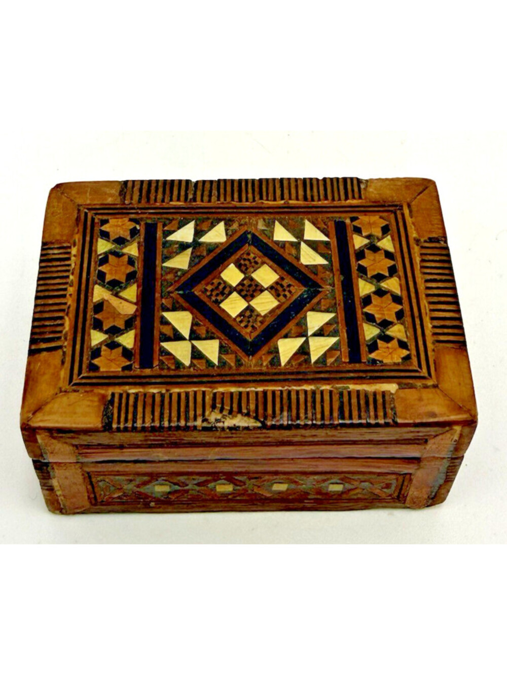 Vintage Mini Wood Inlay Hinged Trinket Box Handmade Geometric Design